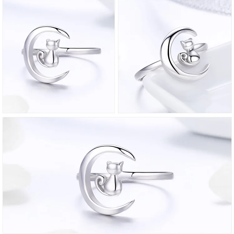 Кольца BISAER, 925 пробы, серебряные, винтажные, озорной кот в Луне, регулируемые кольца на палец для женщин, модное ювелирное изделие, подарок GXR451