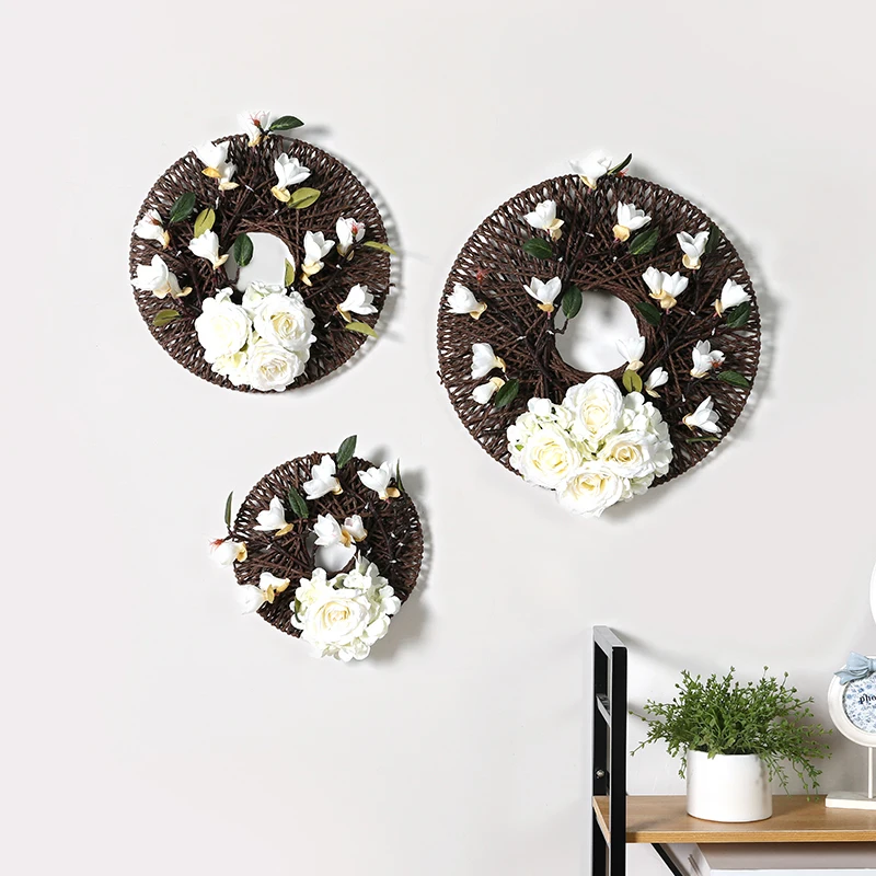 Large Round Rose Magnolia Hydrangea Artificial Combination Fake Flower Wreath for Home DIY Wedding Decor Handmade Winding Crafts | Дом и сад