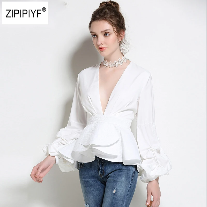 2018 новые пикантные глубоким v образным вырезом сплошной Blusas Для женщин Винтаж с