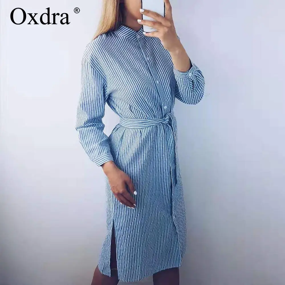 Oxdra свободное платье в полоску платья с поясами воротник стойка 2019 Весна
