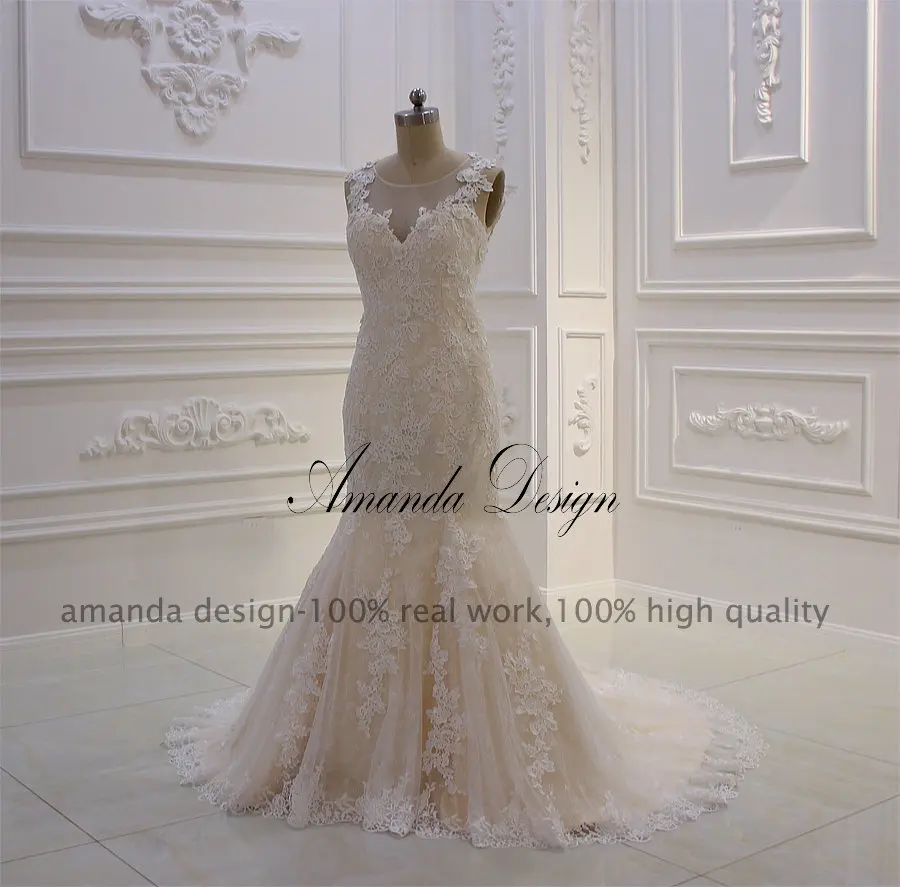 Аманда дизайн abiti da sposa с рукавом-крылышком Кружева Аппликация Шампанское Русалка свадебное платье