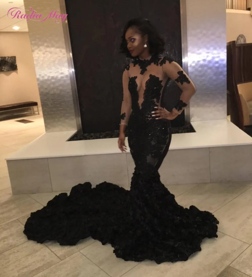 Sexy Black Mermaid Long Sleeves African Prom Dresses for Black Girls Luxury 3D Flower Train Lace Plus Size Evening Gala Dress