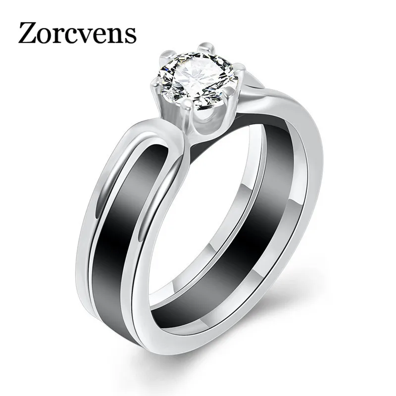 Черно-белые керамические обручальные кольца с кристаллами, ювелирные изделия из нержавеющей стали с цирконом ААА, обручальное кольцо Стразы для женщин