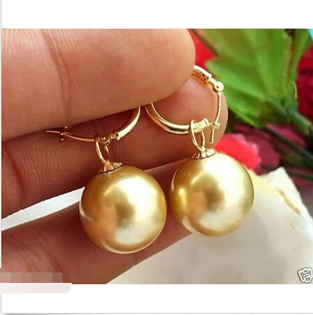 

Rare Huge 14mm Gold South Sea Shell Pearl Dangle Earring new^^@^Noble style Natural Fine jewe FREE SHIPPING