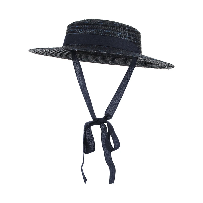 Navy blue GEMVIE с каймой плоскя Топ соломенная шляпа летние шляпы для Женская лента пляжная кепка Boater модная Солнцезащитная шляпа с подбородком ремень - Цвет: Navy blue