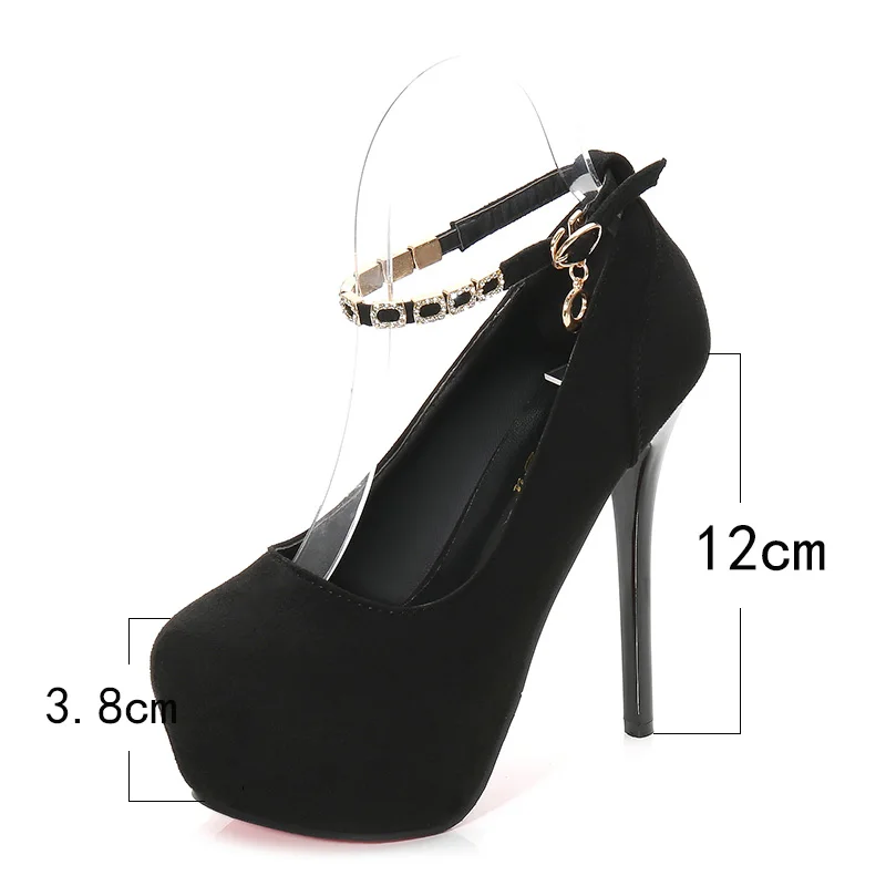 black 12cm Женские замшевые туфли; сезон весна-осень; модные туфли на высоком каблуке 14 см; туфли-лодочки на платформе с ремешком на щиколотке; цвет черный, бежевый; обувь для вечеринок - Цвет: black 12cm