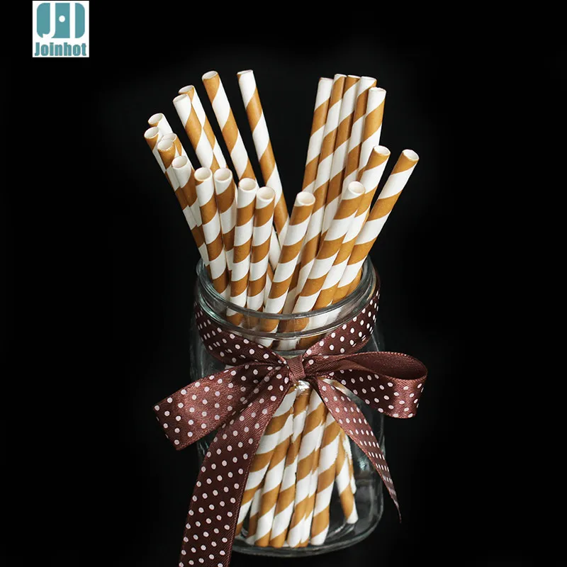 Упаковка из 25 шт коричневые бумажные трубочки в полоску Свадебные соломки для