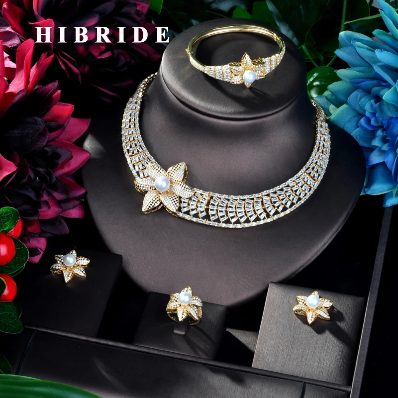 Роскошный дизайнерский женский Ювелирный Комплект HIBRIDE золотого цвета в форме цветка, 4 шт., ожерелье, серьги, комплект ювелирных изделий для...