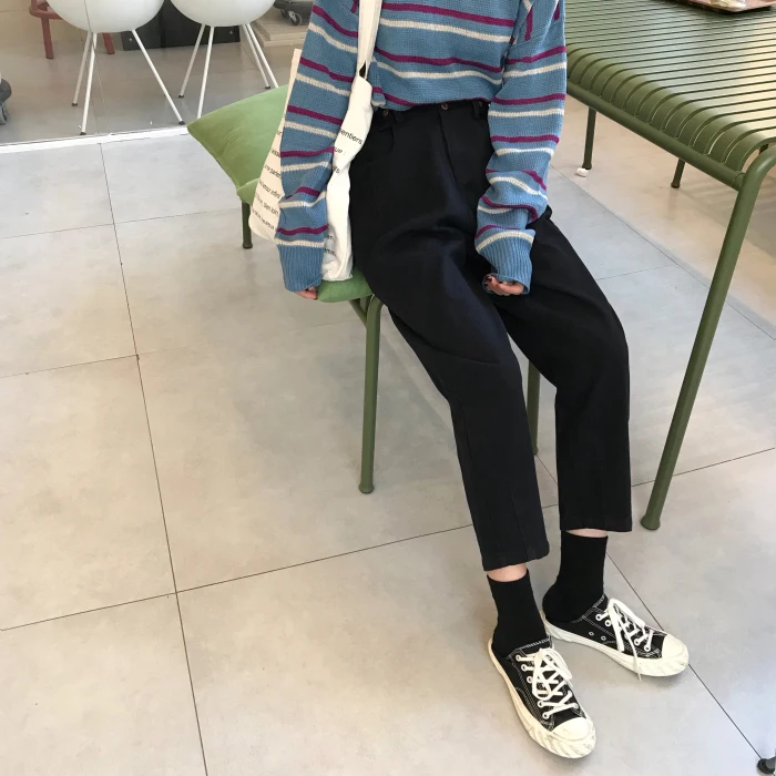Женские весенние модные брендовые джинсы Ulzzang Harajuku BF с высокой талией длиной до щиколотки, женские повседневные свободные черные джинсы