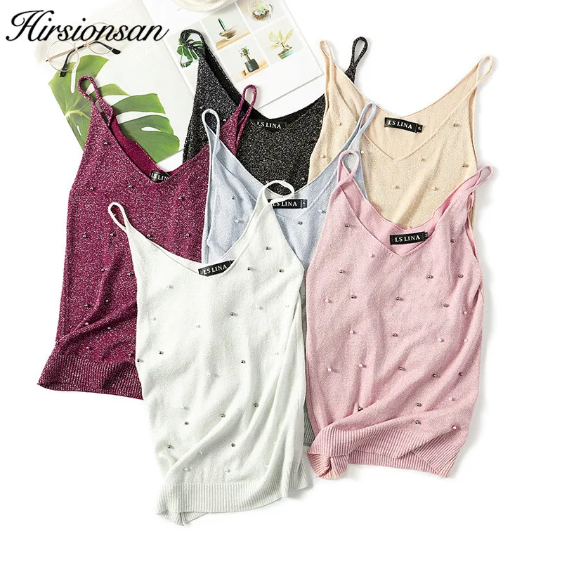 

Hirsionsan Lurex Women Tank Top 2019 Spring Summer Sexy V-neck Pearls Beaded Camis Shinning Club Camisole Sleeveless Shirt Tops