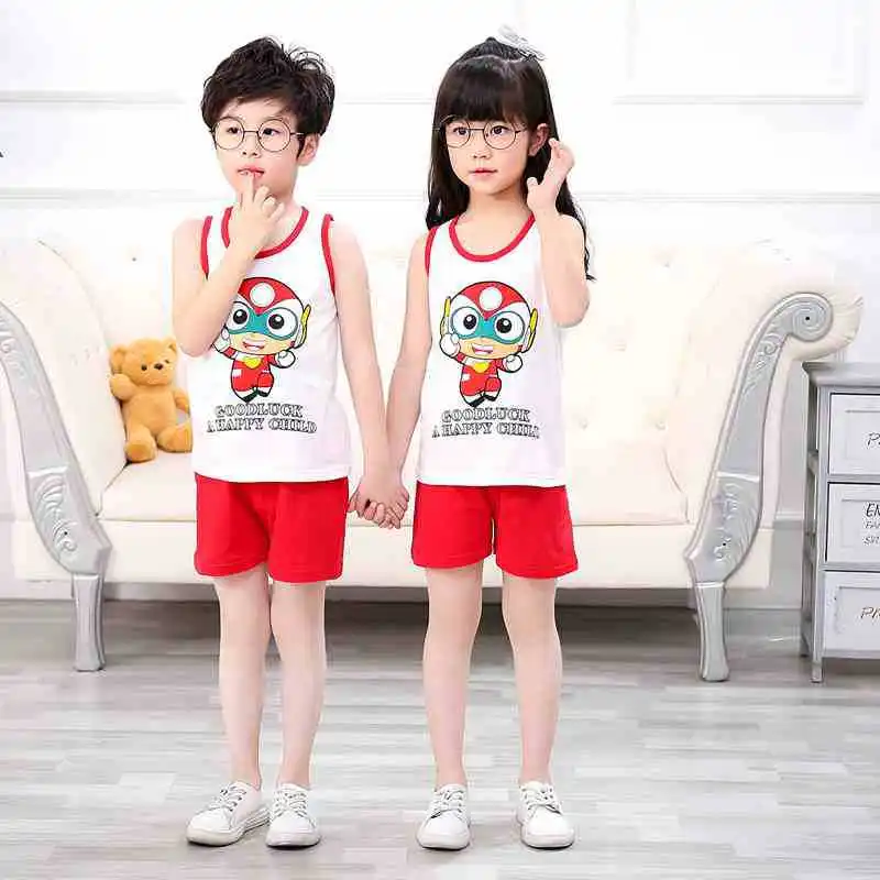 2-8 Years Boys Girls Sleeveless Vest+ Pure Color Shorts Set Summer Children Cartoon Tops Kids Boy Cotton Casual Waistcoat Suits | Детская