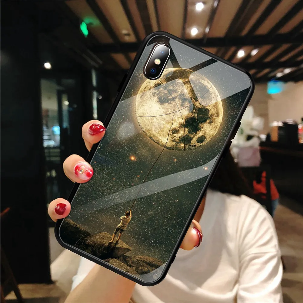 Tempered Glass Phone Case For iPhone 7 8 XR XS MAX Star Space Cover 6 6s Plus X Luxury Silicone Coque |