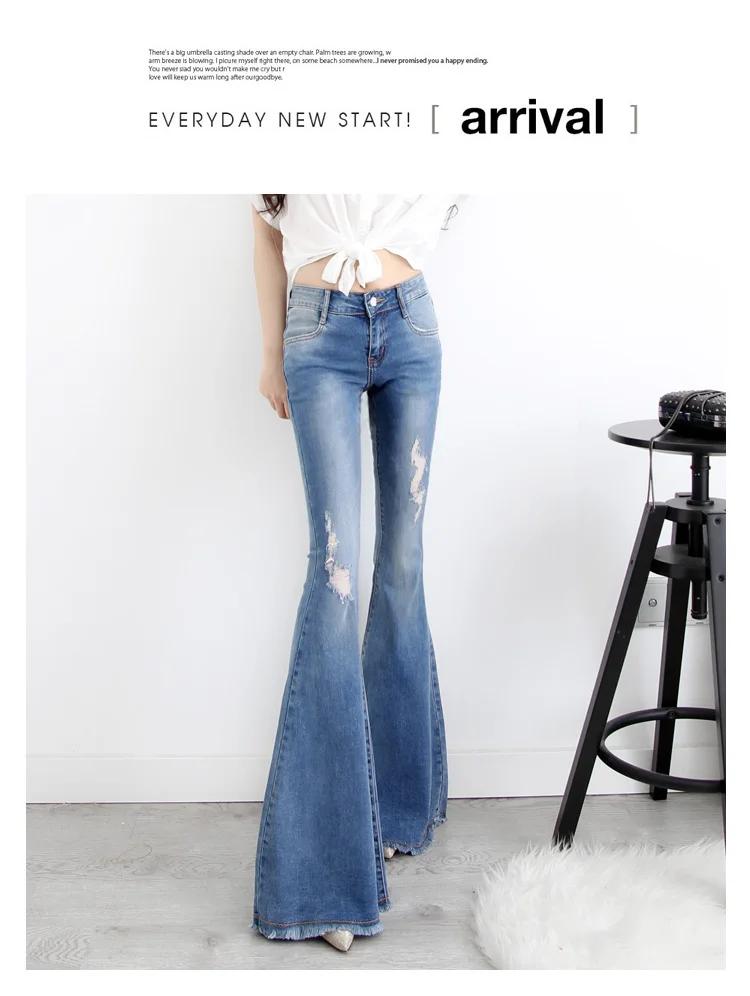Плюс Размеры осень расклешенные джинсы Slim Для женщин длинные клеш новые рваные