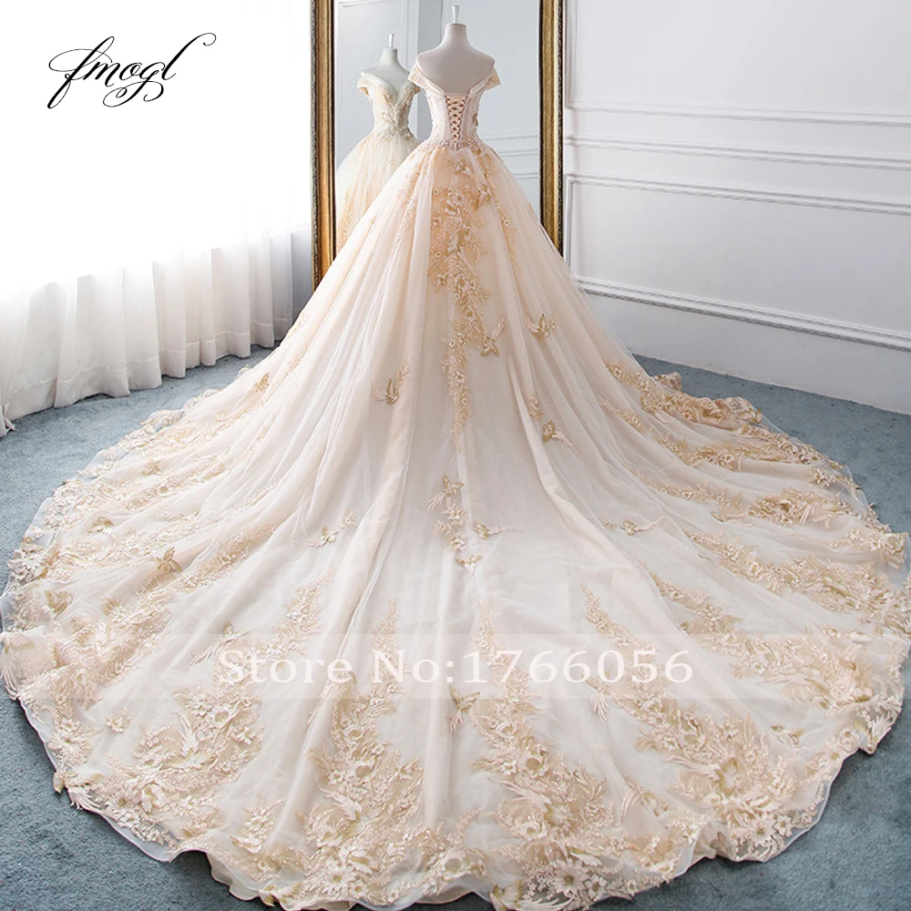 Fmogl Vestido De Noiva кружевное бальное платье свадебное платье роскошный вырез лодочка, аппликация бисером Королевский поезд винтажное свадебное платье