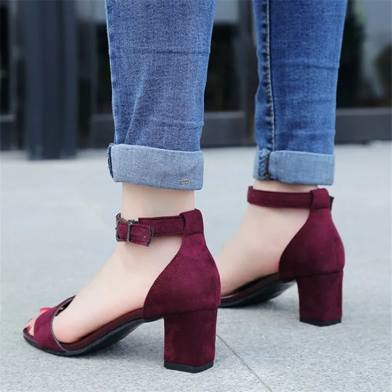 Open toe Square heel High Suede sandals women 2019 new summer shoes woman temperament Flock Buckle ladies female | Обувь