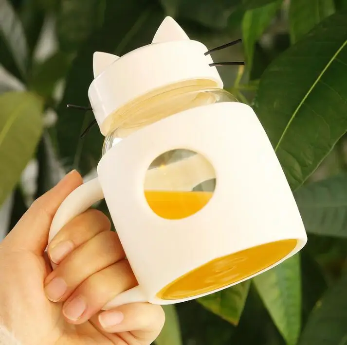 White Творческий Кот из мультфильма стеклянная бутылка для воды силиконовая бутылка с ручкой кофейная кружка наружная портативная дорожная бутылка подарок для ребенка - Цвет: White
