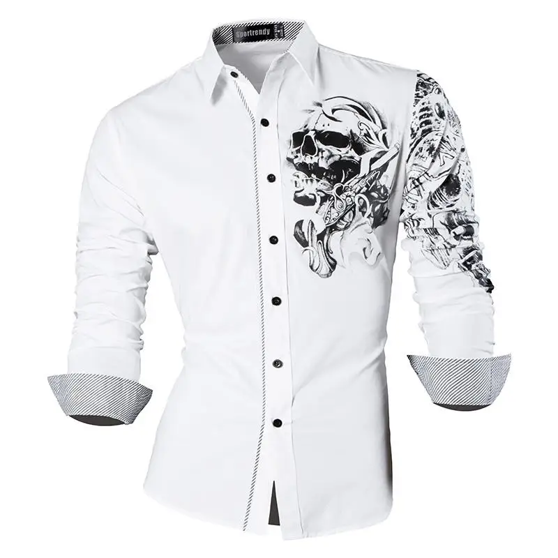 JZS042-White Sportrendy Мужская рубашка платье повседневное с длинным рукавом Slim Fit Мода Дракон стильный JZS041 - Цвет: JZS042-White