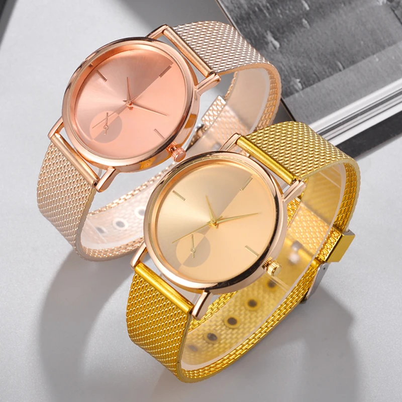 Простые кварцевые часы Geneva унисекс модные розовое золото сетка ремешок платье