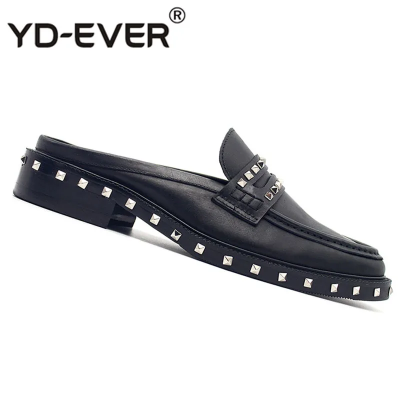 Mules Black Half Cow Skin Runway Fashion Metal Men Shoes Italy Brand Large Size Sandals Rivet British Style Custom Stud Slides | Обувь