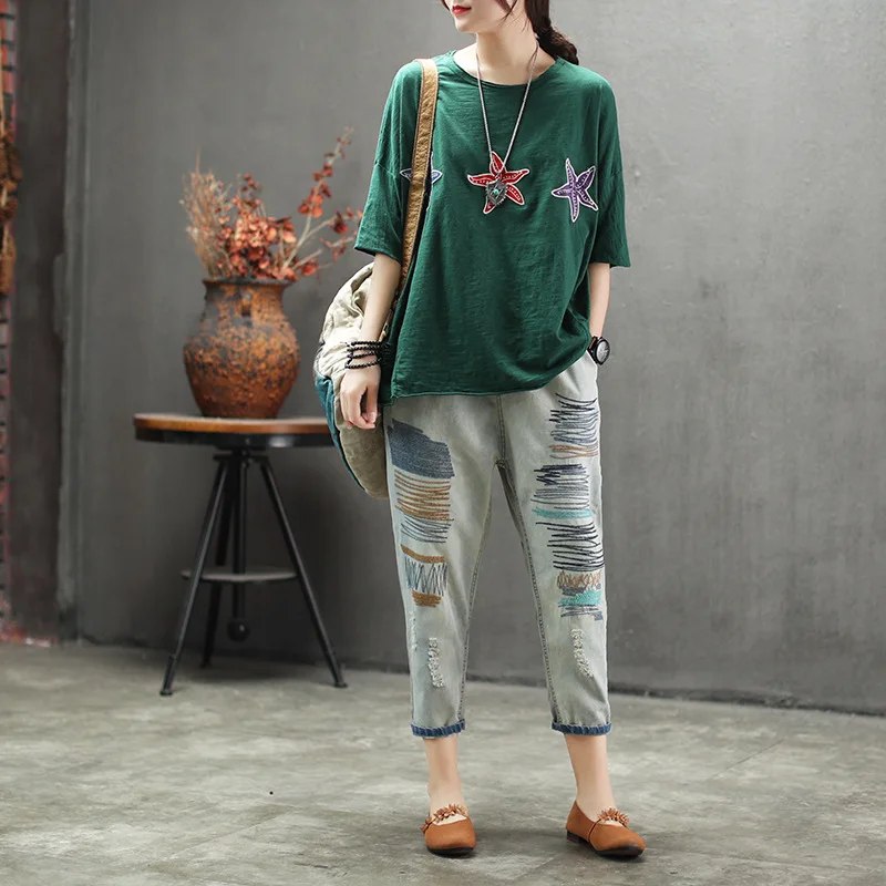 Летние женские джинсы с эластичной резинкой на талии обтягивающие в стиле ретро