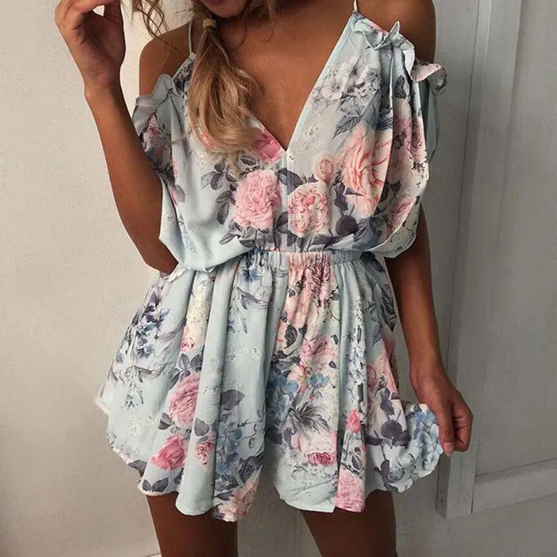Summer Floral Print Bodysuit Women Sexy Halter Playsuit Backless Female Plus Size Short Jumpsuit romper | Женская одежда