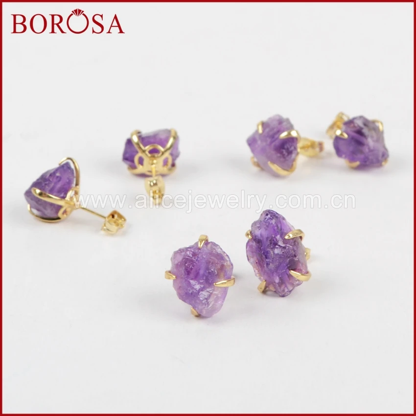 Серьги borosa золотистого цвета, грубые друза аметиста, серьги-гвоздики с кристаллами, женские драгоценные камни, ювелирные изделия ZG0134