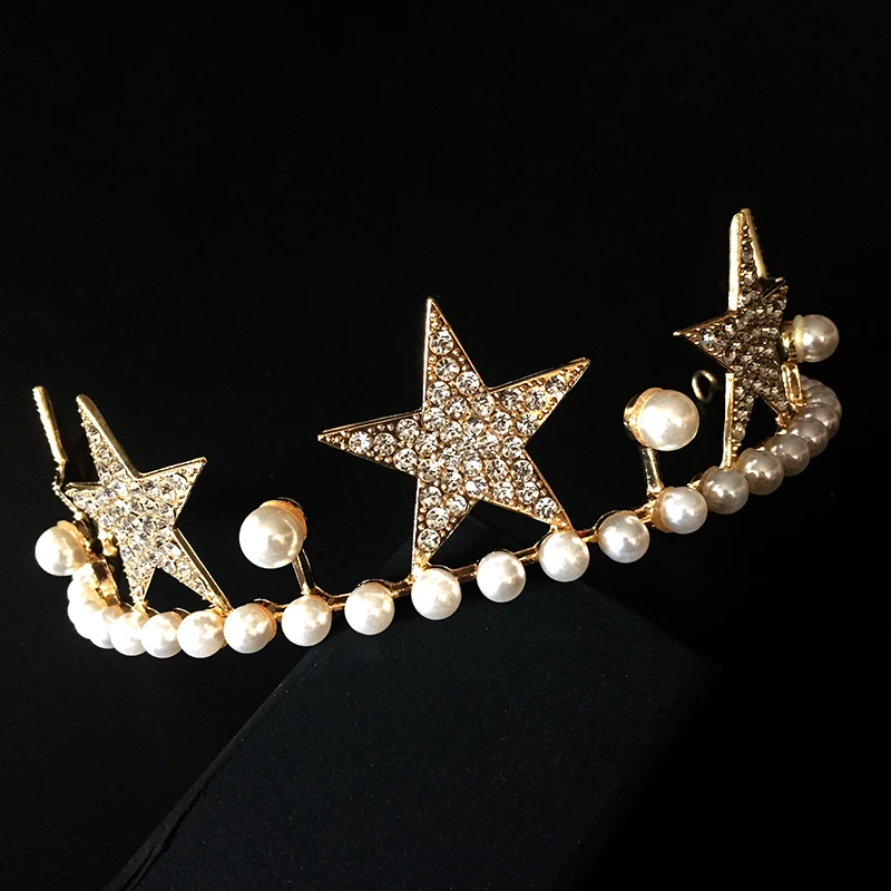 Himstory Fashion Gold Tiara Crown Crystal Pearl Headband Bridal Wedding Hair Jewelry Star Women Party Headpiece | Украшения и