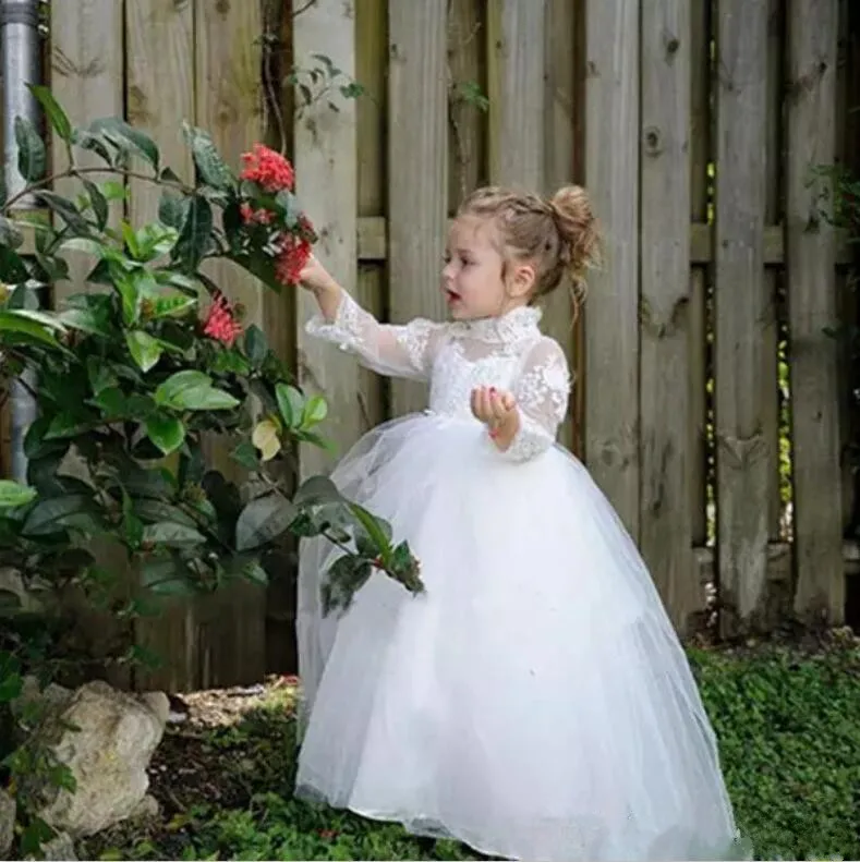 

Ivory/White Flower Girl Dresses for Weddings High Neck Long Sleeves Baby First Communion Dress Size 2-16Y