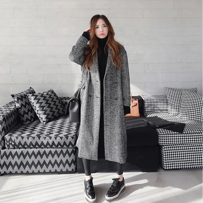 Трендовое женское двубортное пальто длинное черное в полоску|wool coat women|fashion wool