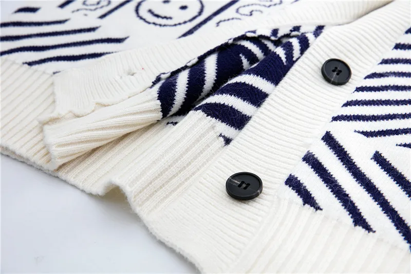 

Luxury Designer Brand Knitted Sweater for Women V Neck Vintage Smiley Pattern Striped Wool Loose Knitted Cardigans Sweater