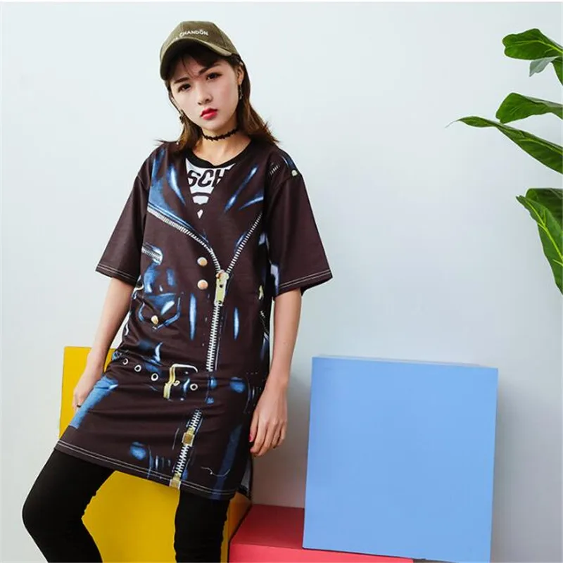 Hiawatha Personality Zipper Printed Tops Tees Women Mid-Long Short Sleeve T Shirt Harajuku Style Loose Girl T-Shirts T3665 | Женская