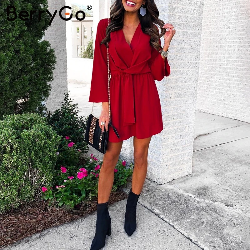 Berrygo сексуальное свободное женское платье с v образным вырезом и высокой талией