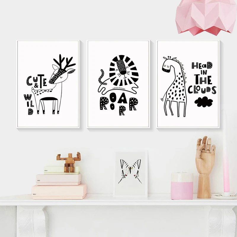 Cute Black And White Animal Giraffe Lion Deer A3 Canvas Painting Posters Prints Wall Art Picture Children's Room Home Decor | Дом и сад