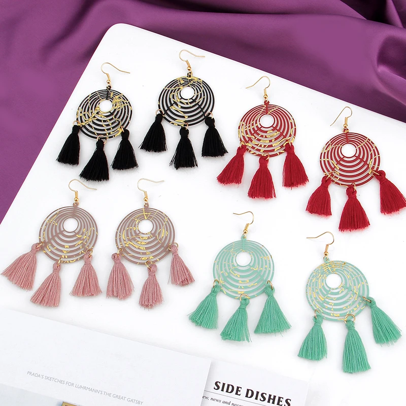 Серьги кисточки женские в богемном стиле Винтажные висячие серьги с цветными