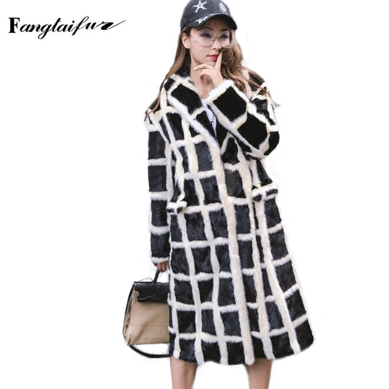 

Ftangaiur Winter Women Jacket Import Velvet Mink Fur Coat Turn-Down Collar Plaid Causal Mink Coats Long Real Mink Fur Coats