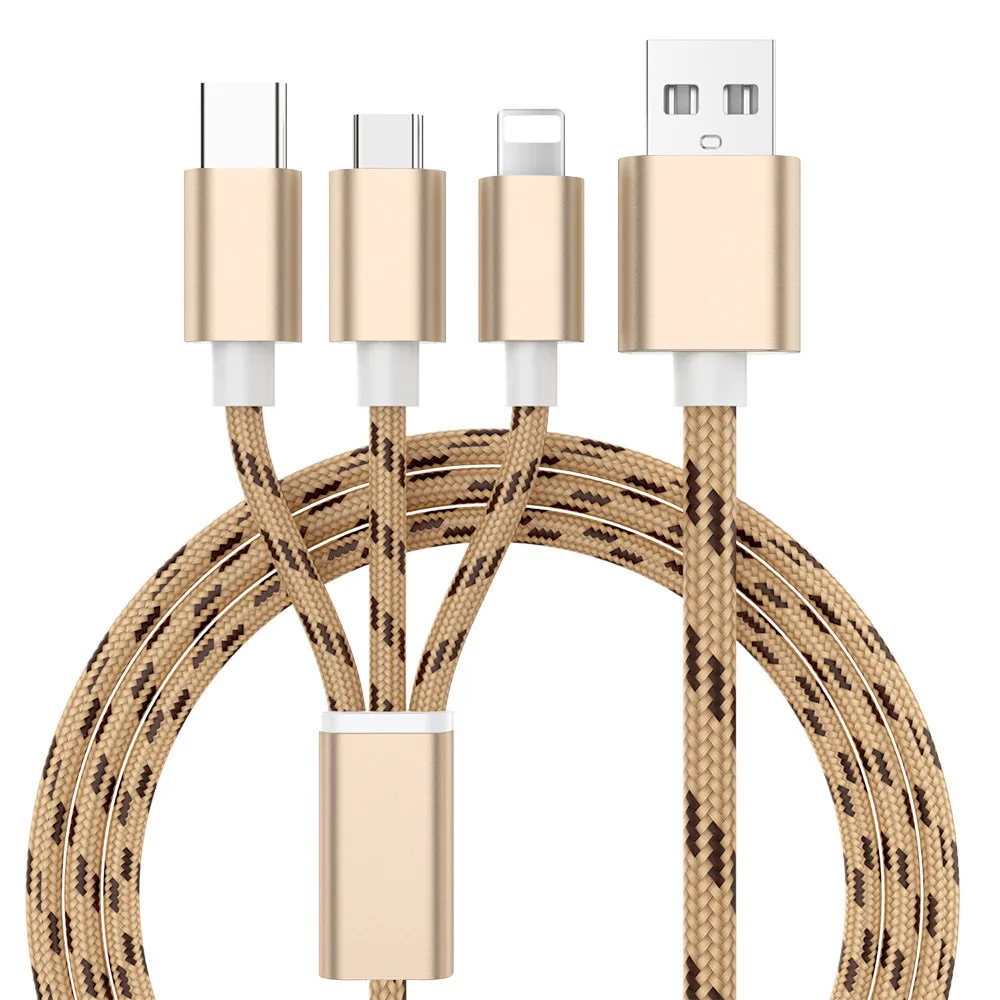 Gold 3 в 1 8Pin type C Micro USB кабель для iPhone 8X7 6 6S Plus iOS 10 9 8 samsung Nokia USB кабели для быстрой зарядки нейлоновый шнур - Цвет: Gold