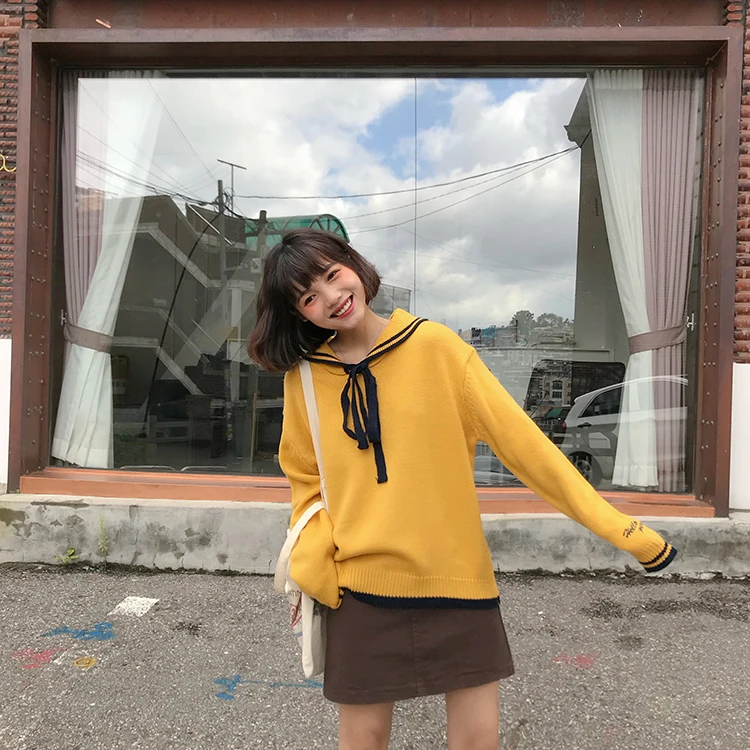 Осень 2019 зима свитеры для женщин harajuku корейской моды личности милый галстук лук