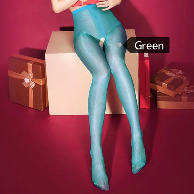 Green Масляные блестящие сексуальные чулки для женщин, высокая талия, прозрачные сексуальные колготки, открытая промежность, сексуальное нижнее белье, женские сексуальные нейлоновые колготки - Цвет: Green