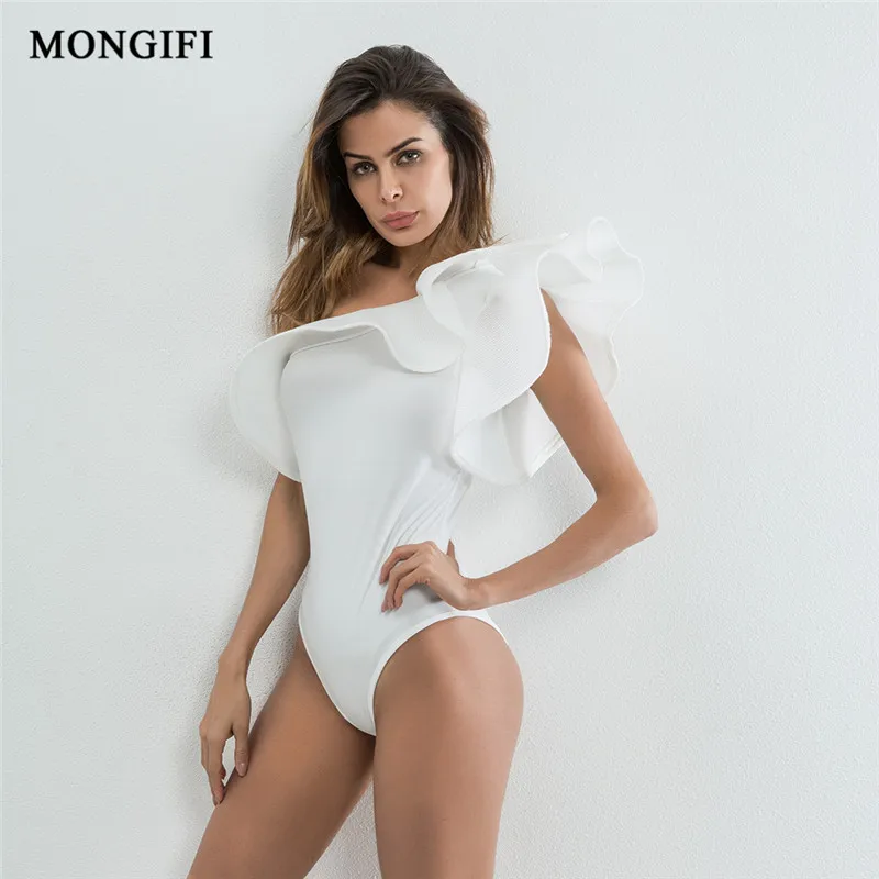 MONGIFI рюшами листьев Комбинезоны Sexy Club с открытыми плечами Черный боди Для женщин