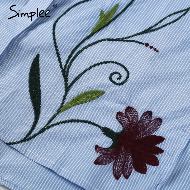 Женская блузка Simplee с длинным рукавом, женские топы с вышивкой, осенняя полосатая синяя блузка с цветочным принтом