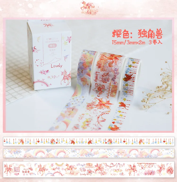 3 шт./компл. васи лента клейкая Washitape Sakura клейкая лента фарфор Винтаж цветочным узором «Единорог», рубашка с изображением фламинго, Papelaria наклейки ленты