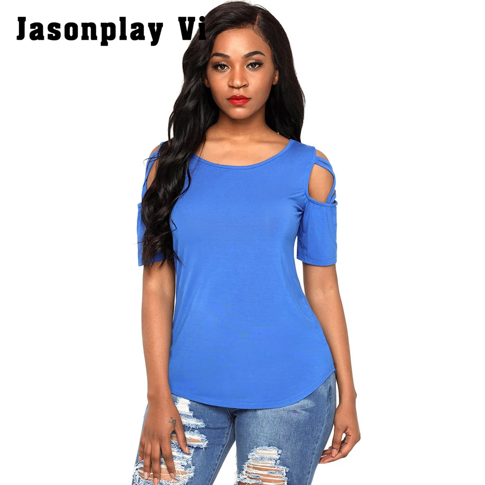Jasonplay VI Новый Для женщин короткий рукав плечо выдалбливают Футболки с круглым