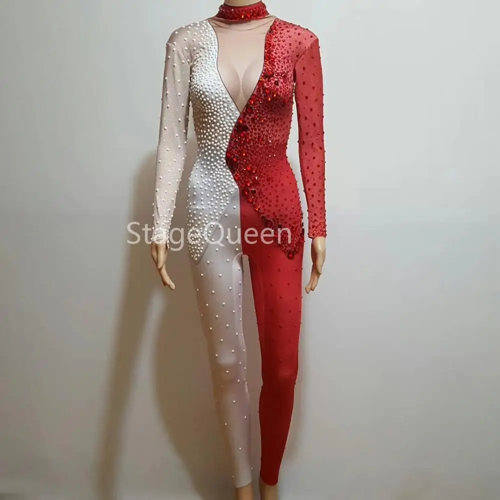 Сексуальный сценический красный белый комбинированный костюм с рисунком