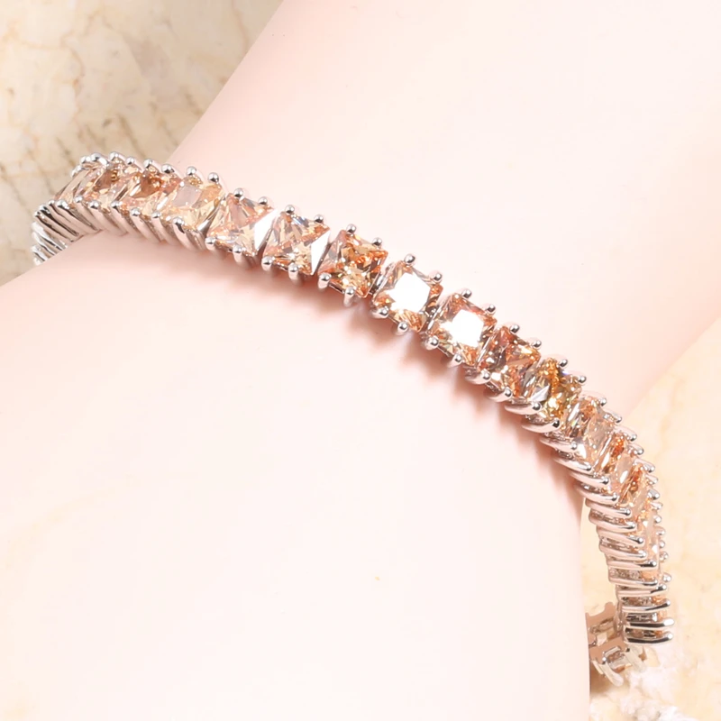 

Square Gems Champagne Orange Morganite Silver Plated Argent Link Chain Bracelet 6 7 Inch L10024