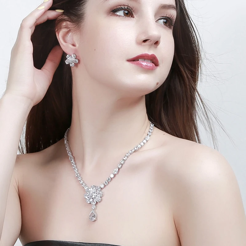 

BeaQueen Beautiful Big Flower Pendant Necklace and Earrings Women Cubic Zirconia Elegant Wedding Bridal Jewelry Sets JS126