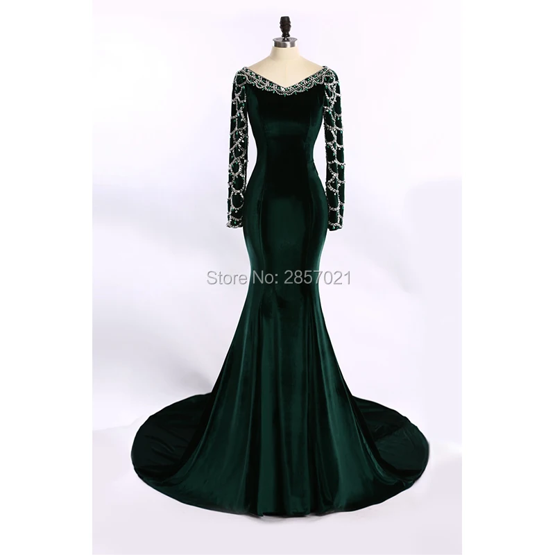 Настоящее Фотография Luxury Royal Blue Velvet Вечернее Платье На Заказ Русалка С Длинным Рукавом Пром Платья Формальные Хрустальные Бусины Дубай Вечернее Платье