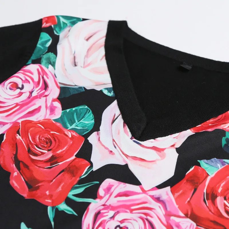 New Runway Fashion Designer Sweater Women's Elegant Rose Flower Printed Patchwork V Neck Casual Black Wool Top Shirts | Женская