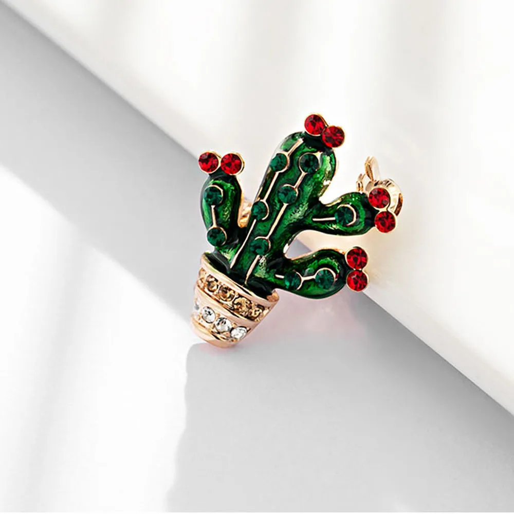 Leaf Cactus Style Brooch Women Elegant Pin Crystal Rhinestone Jewelry Green Plant Classic Accessories Simple Gift | Украшения и