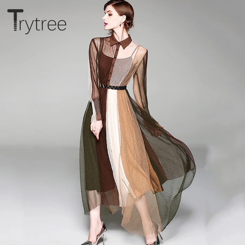 Летнее Повседневное платье-рубашка Trytree с поясом женские многоцветные сетчатые