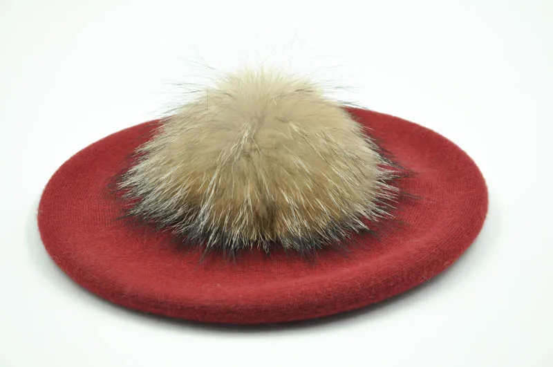 wine red natural fur Зимний женский берет, женская шапка, 15 см, натуральный мех енота, помпон, берет, шерсть, кашемир, натуральный мех, шарик, женский берет, шапка для женщин - Color: wine red natural fur